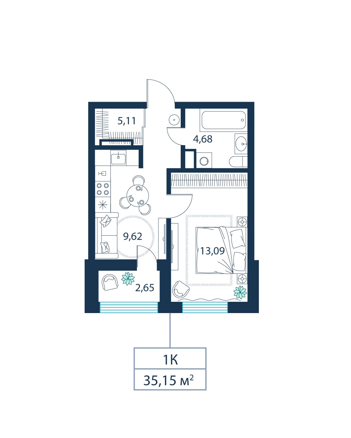 1-комнатная, 35.1 м²