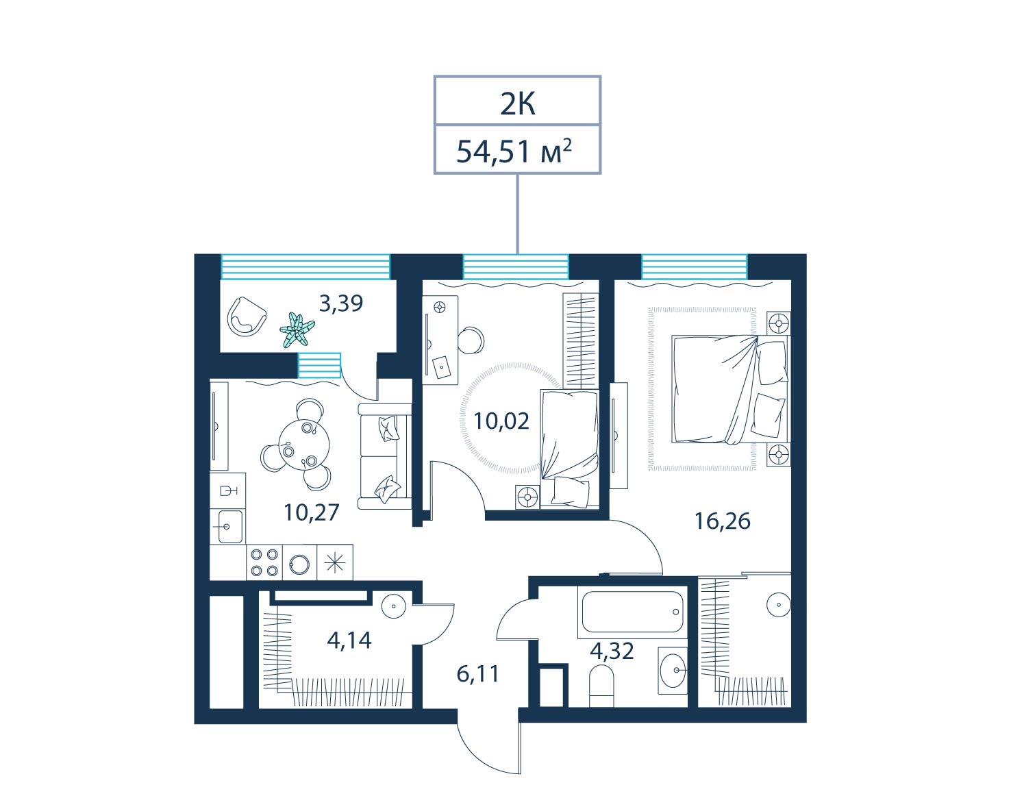 2-комнатная, 54.5 м²