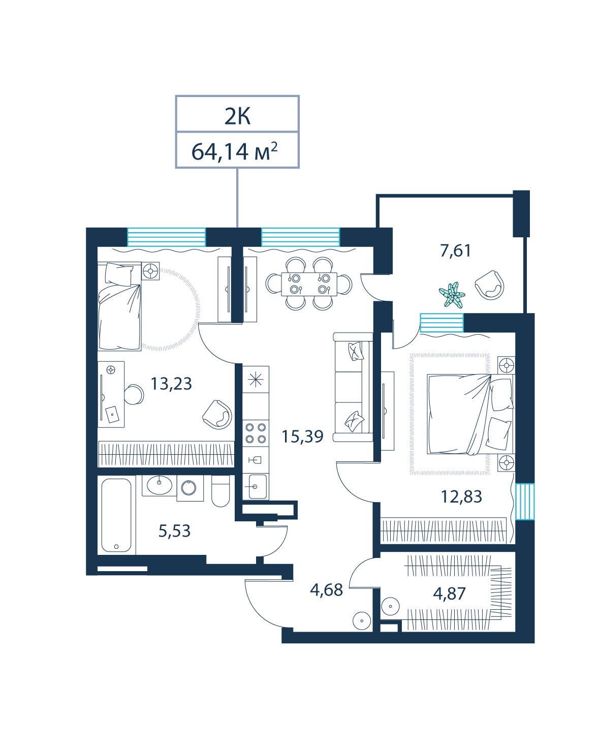 2-комнатная, 64.1 м²